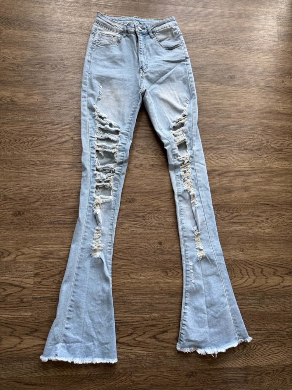 Light Wash Distressed Flare Jeans Raw Hem High Waist Boho Y2K Size XS